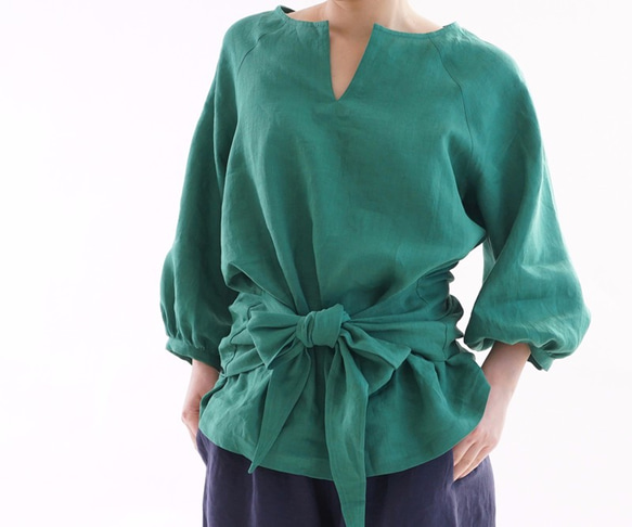 [Wafu]亞麻襯衫七分袖泡泡袖西帶緞帶開衩上衣/常盤綠t013a-tmi1 第3張的照片