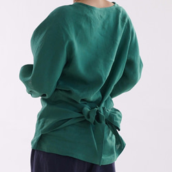[Wafu]亞麻襯衫七分袖泡泡袖西帶緞帶開衩上衣/常盤綠t013a-tmi1 第4張的照片