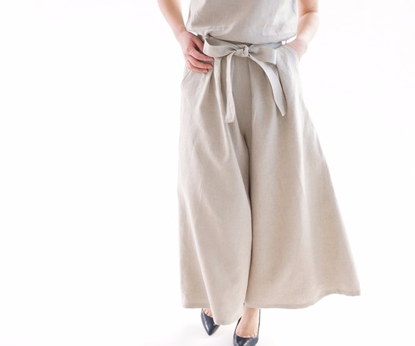 [Wafu]中厚亞麻褲子，寬腰帶圍巾，帶線背橡膠/亞麻，天然b006c-amn2 第1張的照片