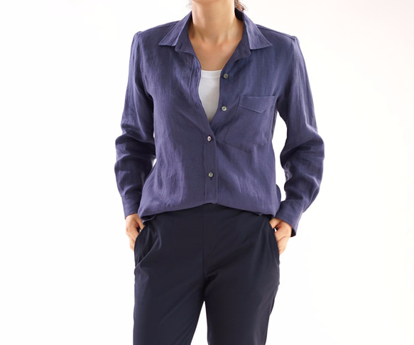 [Wafu +]輕質Lithani Alinen正品高級襯衫長袖襯衫簡單/海軍色t032b-neb1 第1張的照片