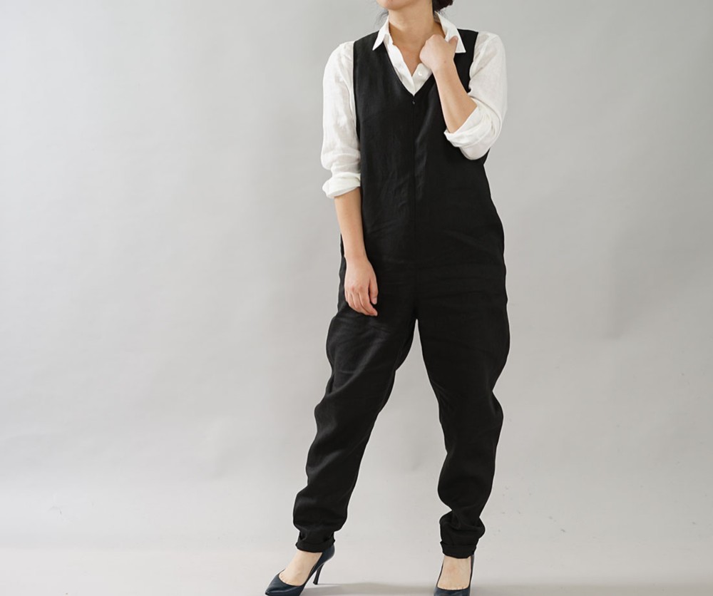 黒 CUMIN 新品 リネンライクワンボタンサロペット anana