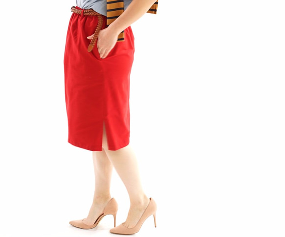 &lt;試驗材料配件&gt;光滑棉彈性腰部裙與狹縫口袋帶環裙/胭脂紅sk4- 第3張的照片