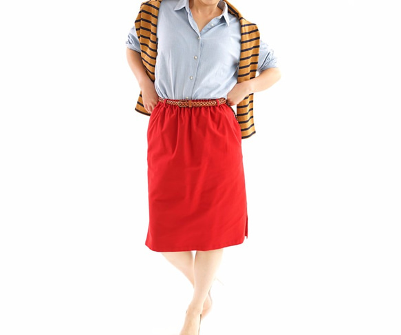 &lt;試驗材料配件&gt;光滑棉彈性腰部裙與狹縫口袋帶環裙/胭脂紅sk4- 第6張的照片