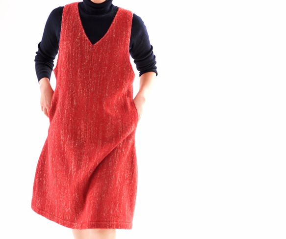 [Wafu]內襯拉絲軟花呢羊毛之前拉鍊羊毛跳線裙V領/紅色系統a28-33 第1張的照片