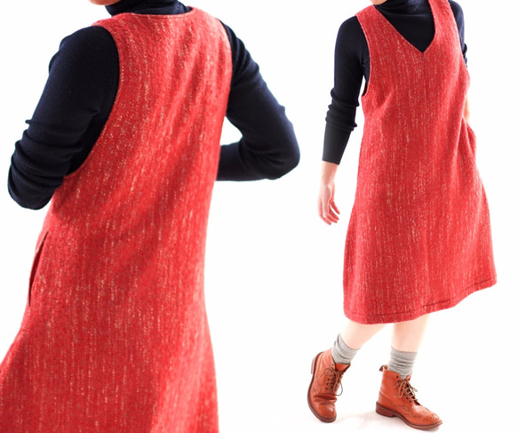[Wafu]內襯拉絲軟花呢羊毛之前拉鍊羊毛跳線裙V領/紅色系統a28-33 第3張的照片