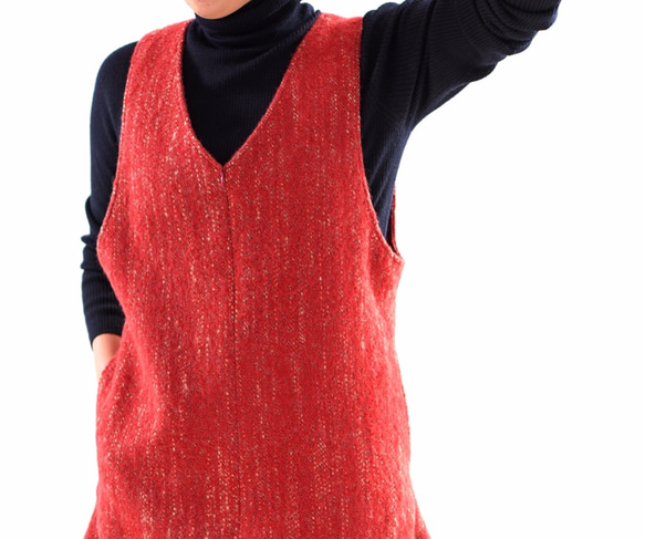 [Wafu]內襯拉絲軟花呢羊毛之前拉鍊羊毛跳線裙V領/紅色系統a28-33 第6張的照片