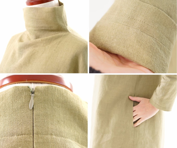 [Wafu] &lt;原型&gt;刷雙剪裁溫暖亞麻禮服瓶頸連衣裙/苦艾綠色a43-27 第9張的照片