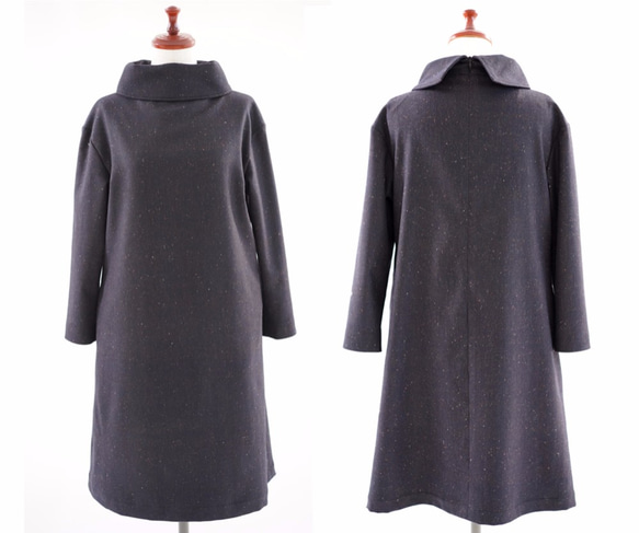 [Wafu] &lt;原型&gt;爵士樂NEP羊毛連衣裙高頸A-線的總Yozora Uraji /深藍a43-23 第8張的照片