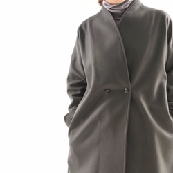 [Wafu]重量級羊毛外衣高領鐘套筒無彩色塗覆長度長的羊毛長袍/橄欖灰色B 第3張的照片