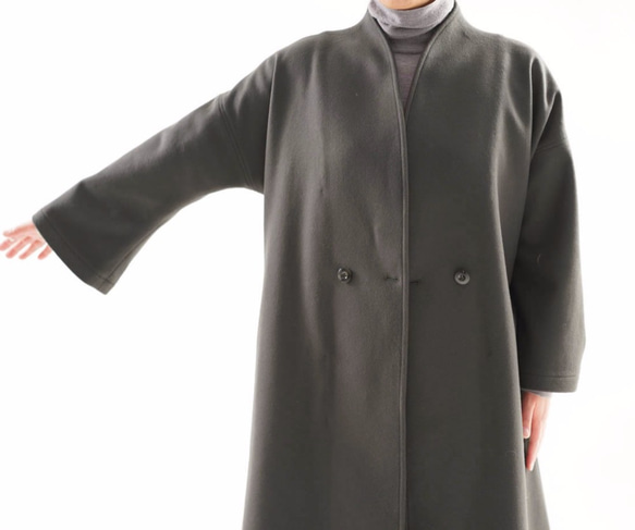 [Wafu]重量級羊毛外衣高領鐘套筒無彩色塗覆長度長的羊毛長袍/橄欖灰色B 第7張的照片