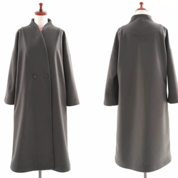 [Wafu]重量級羊毛外衣高領鐘套筒無彩色塗覆長度長的羊毛長袍/橄欖灰色B 第8張的照片