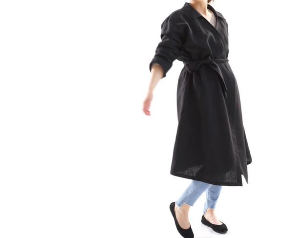 [Wafu]厚實拉絲亞麻大衣外罩式垂帶肩帶外套/黑色a005b-bck3 第5張的照片