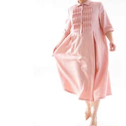 中厚亞麻連衣裙針腳褶皺連衣裙/玫瑰色Somon A081C-RSM2 第3張的照片