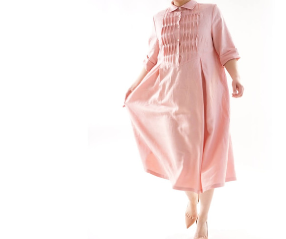 中厚亞麻連衣裙針腳褶皺連衣裙/玫瑰色Somon A081C-RSM2 第3張的照片