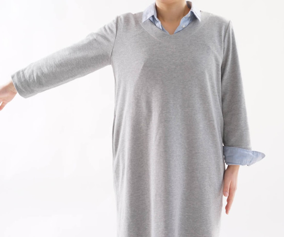 [Wafu] &lt;一月至31天&gt; 100％棉針織裙Susomaru V領套筒狹縫/灰色A4-1 第7張的照片