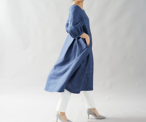 【wafu】中厚 リネンワンピース スクエアネック ドレス / ブルー マリーヌ a039d-bum2 3枚目の画像