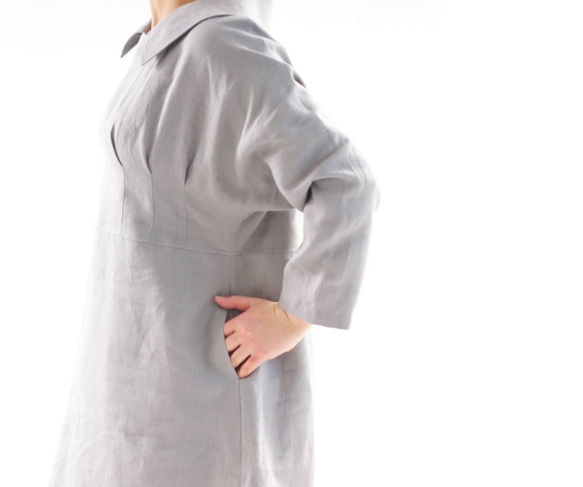 [Wafu] &lt;試驗配件&gt;暖亞麻裙腰部飛鏢蝙蝠袖連衣裙/灰色a55-15 第7張的照片