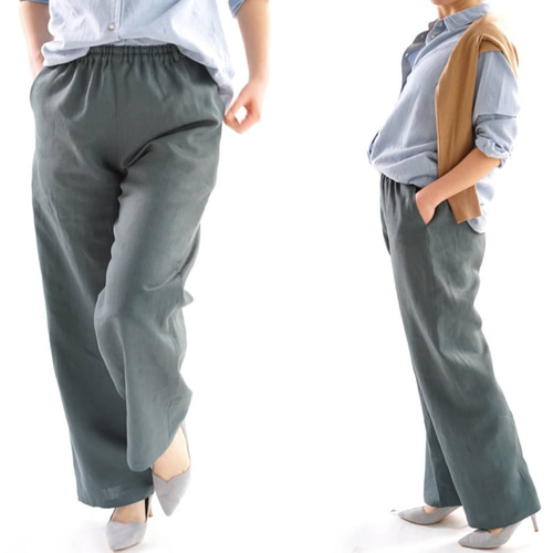 wafu リネン　ロングパンツ　ウエストゴム　ベージュ 中厚 リネン パンツ キレイめ ボトムス オフィスにも ウエスト
