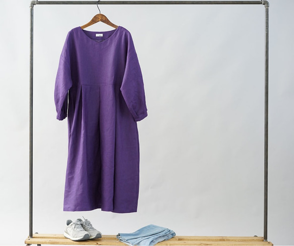 [Wafu]中厚亞麻連衣裙，蓬鬆袖連衣裙，喇叭褲mimore長度/茄子a025c-obj2 第9張的照片