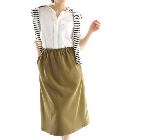 【Wafu】&lt;試穿項目&gt;衣長76cm柔軟針織裙子抓絨腰部橡膠口袋是/橄欖色sk4-1 第3張的照片