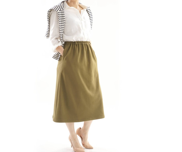 【Wafu】&lt;試穿項目&gt;衣長76cm柔軟針織裙子抓絨腰部橡膠口袋是/橄欖色sk4-1 第6張的照片