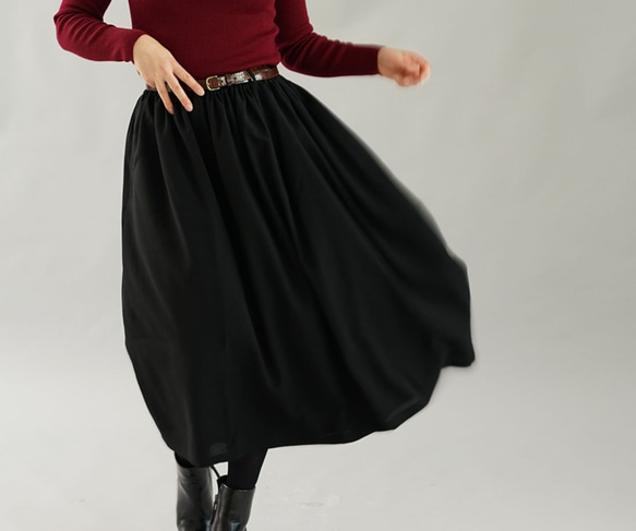 【Wafu】Mimore長裙純羊毛100％襯里內部膝蓋長度喇叭裙底/黑色sk4-101 第4張的照片