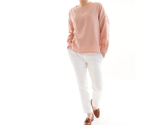 【Wafu】&lt;試用品&gt; 100％純棉W紗布上衣長袖圓領/海貝粉色a8-43 第5張的照片