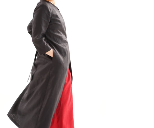【wafu】中厚 リネン カシュクール コート ロング丈 7分袖 アウター 羽織/ブラック h003a-bck2 5枚目の画像