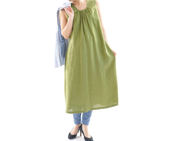 【一件試穿】立陶宛亞麻一件收集圓領無袖Mimore長裙/橄欖色帕薩a40-7 第3張的照片