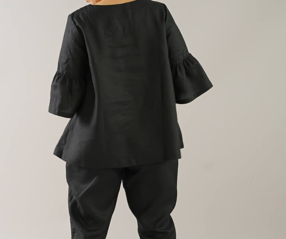 【和服】中厚亞麻喇叭袖圓領A字衫上衣/黑色t024a-bck2 第4張的照片