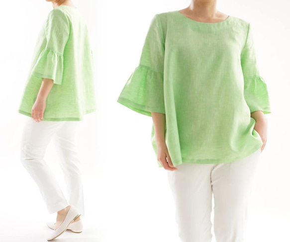 【Wafu】薄亞麻中山裝喇叭袖A字線上衣/粉彩綠色t024a-pgn1 第2張的照片