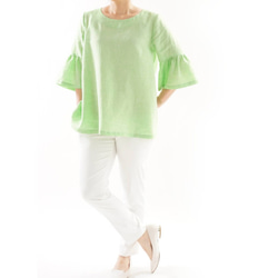【Wafu】薄亞麻中山裝喇叭袖A字線上衣/粉彩綠色t024a-pgn1 第5張的照片