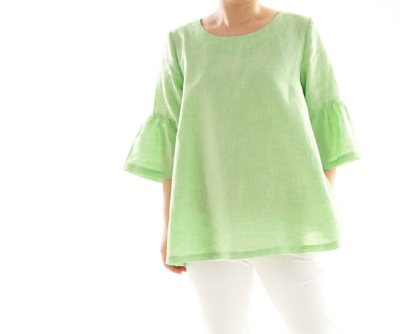 【Wafu】薄亞麻中山裝喇叭袖A字線上衣/粉彩綠色t024a-pgn1 第6張的照片