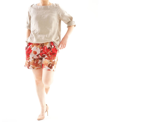 【Wafu】亞麻短褲意大利設計日本女僕半褲腰膠/紅波8-1 第1張的照片