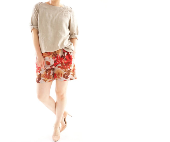 【Wafu】亞麻短褲意大利設計日本女僕半褲腰膠/紅波8-1 第6張的照片