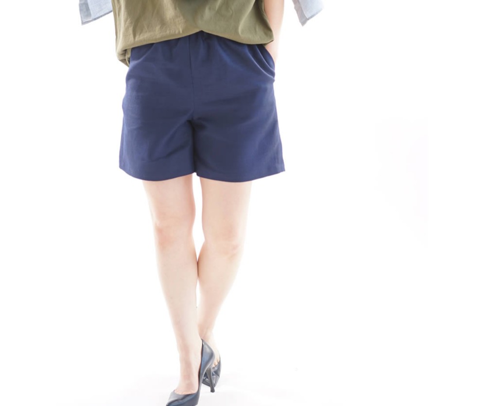 wafu 日本製 コットンリネン　キュロット ウエストゴム　ハーフパンツ　紺色 wafu】中厚 リネンパンツ ショートパンツ ハーフパンツ ボトムス
