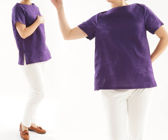 【wafu】薄地 リネンブラウス ボートネック Tシャツ チュニック 半袖 / オーベルジーヌ t003d-obj1 2枚目の画像