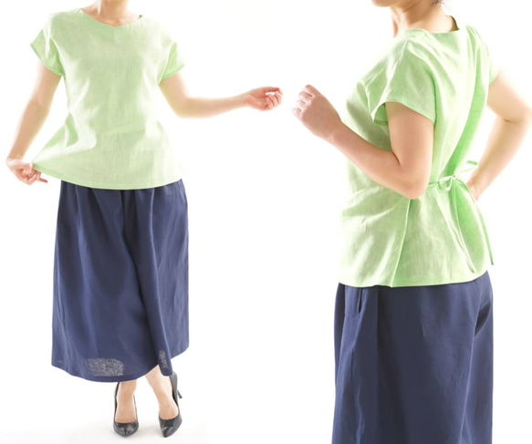 【Wafu】薄款亞麻上衣V領T卹法式上衣/柔和綠色t025a-pgn1 第2張的照片