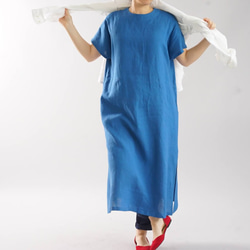 【Wafu】薄面料瑪莎亞麻亞麻連衣裙法式袖大領口小及膝長/淺靛藍a041e-usa1 第1張的照片