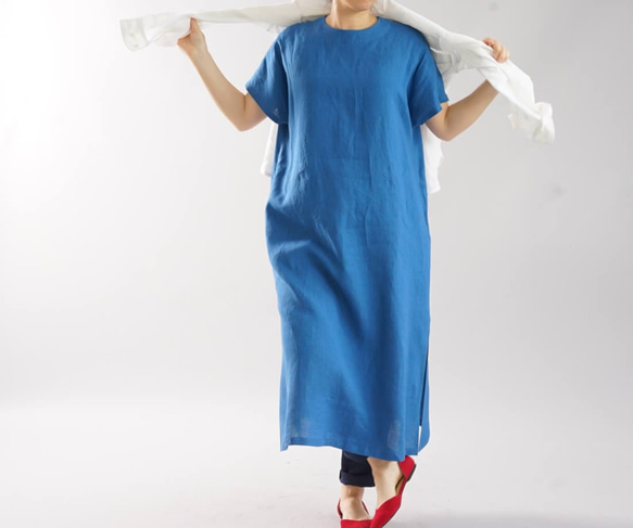 【Wafu】薄面料瑪莎亞麻亞麻連衣裙法式袖大領口小及膝長/淺靛藍a041e-usa1 第1張的照片