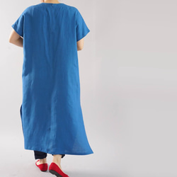 【Wafu】薄面料瑪莎亞麻亞麻連衣裙法式袖大領口小及膝長/淺靛藍a041e-usa1 第3張的照片