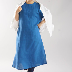 【Wafu】薄面料瑪莎亞麻亞麻連衣裙法式袖大領口小及膝長/淺靛藍a041e-usa1 第4張的照片