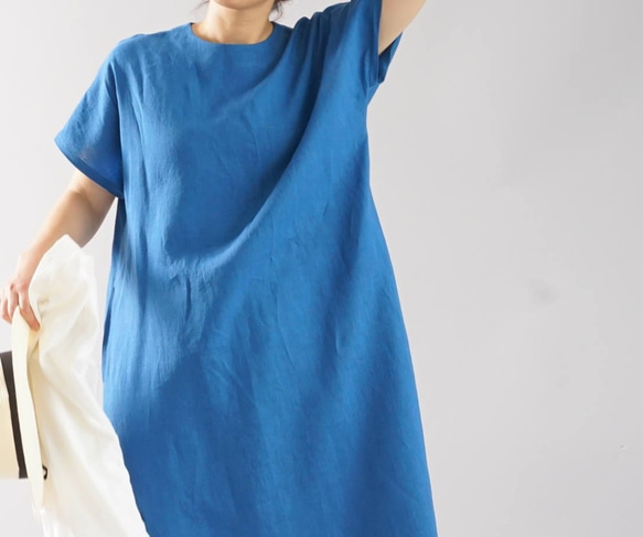 【Wafu】薄面料瑪莎亞麻亞麻連衣裙法式袖大領口小及膝長/淺靛藍a041e-usa1 第6張的照片