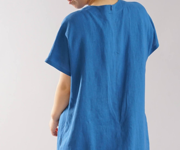 【Wafu】薄面料瑪莎亞麻亞麻連衣裙法式袖大領口小及膝長/淺靛藍a041e-usa1 第8張的照片