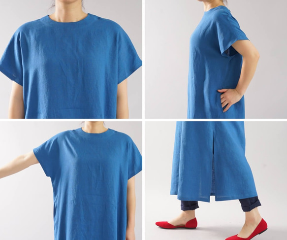 【Wafu】薄面料瑪莎亞麻亞麻連衣裙法式袖大領口小及膝長/淺靛藍a041e-usa1 第10張的照片