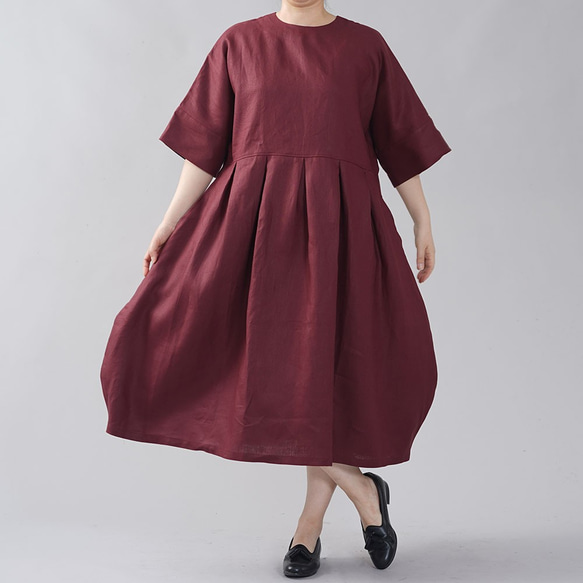 [Wafu]中厚亞麻連衣裙Dolman袖繭式連衣裙小領口/ Agatte A041F-AGT2 第1張的照片