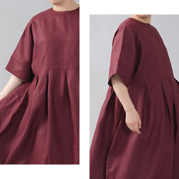 [Wafu]中厚亞麻連衣裙Dolman袖繭式連衣裙小領口/ Agatte A041F-AGT2 第3張的照片