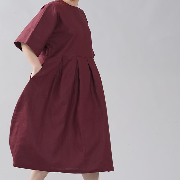 [Wafu]中厚亞麻連衣裙Dolman袖繭式連衣裙小領口/ Agatte A041F-AGT2 第4張的照片