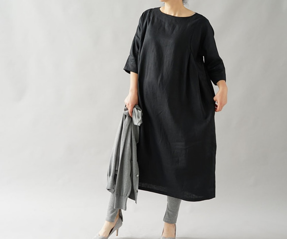 [Wafu]純亞麻洋裝 Secret-pattern Dress/黑色a083a-bck1 第7張的照片