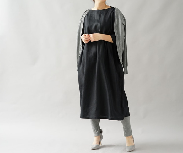 [Wafu]純亞麻洋裝 Secret-pattern Dress/黑色a083a-bck1 第8張的照片